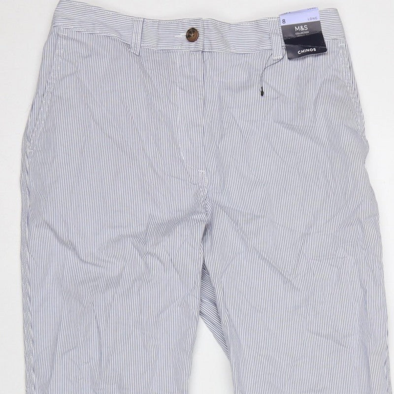 Marks & Spencer Women White Stripe Chino Trousers UK 8 Long Cotton