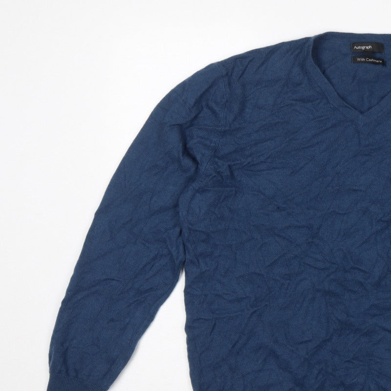 Autograph Men’s Blue Cashmere Angora V-Neck Knit Pullover Jumper L