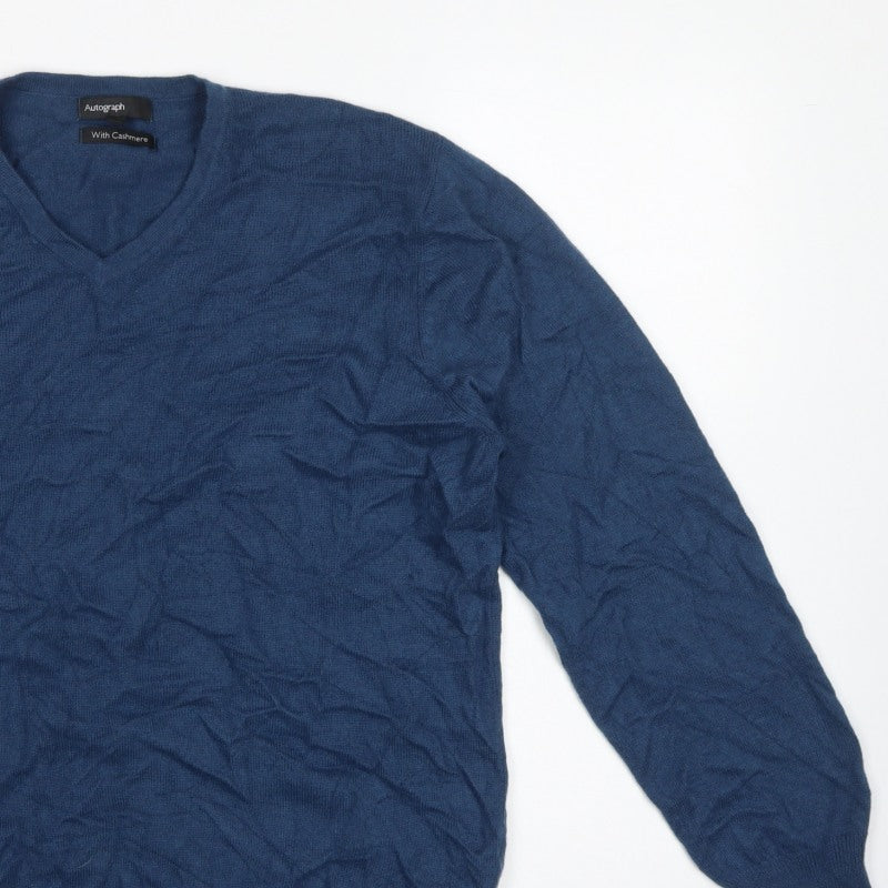 Autograph Men’s Blue Cashmere Angora V-Neck Knit Pullover Jumper L