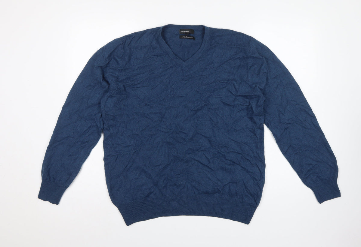 Autograph Men’s Blue Cashmere Angora V-Neck Knit Pullover Jumper L