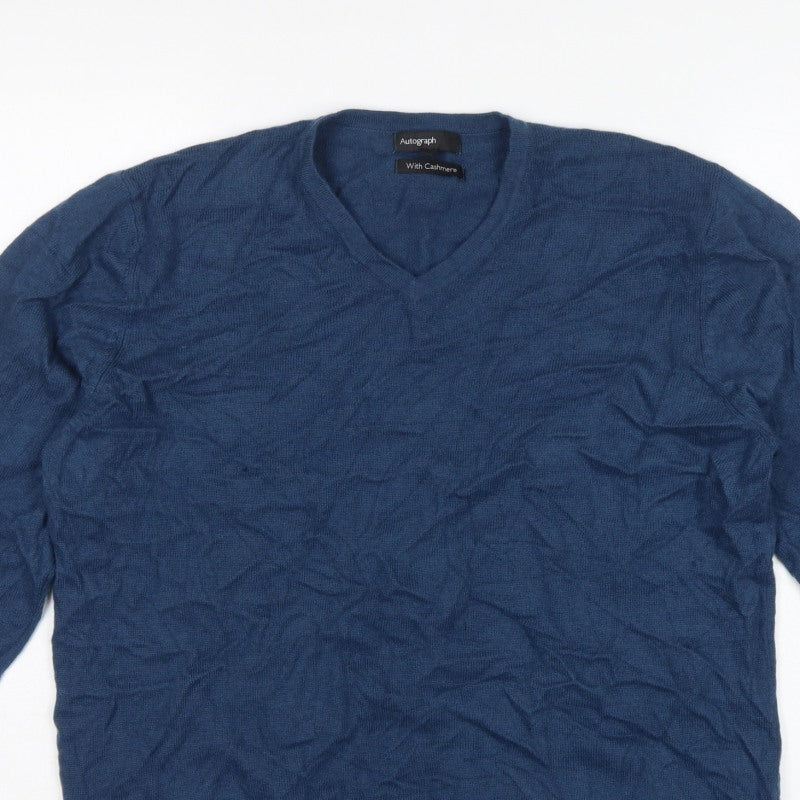 Autograph Men’s Blue Cashmere Angora V-Neck Knit Pullover Jumper L