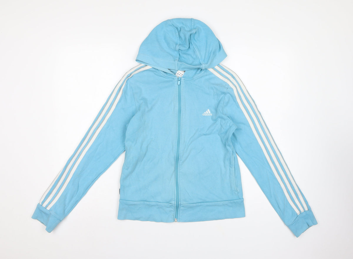 Adidas Women’s Blue UK 14 Full Zip Hooded Sweatshirt Stripe Logo