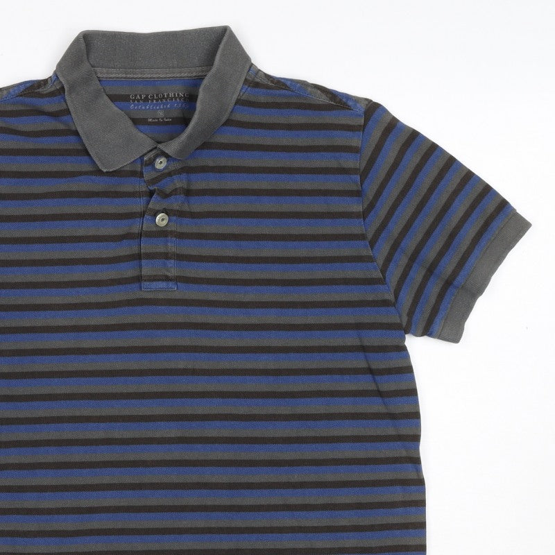GAP Clothing Men's Blue Grey Striped Cotton Polo Shirt M Short Sleeve