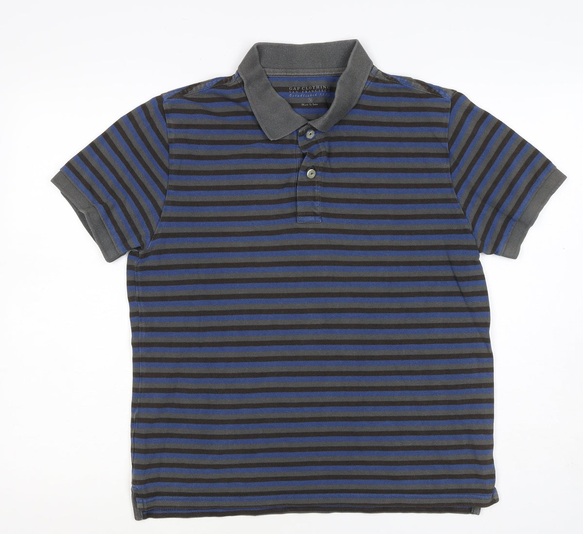 GAP Clothing Men's Blue Grey Striped Cotton Polo Shirt M Short Sleeve