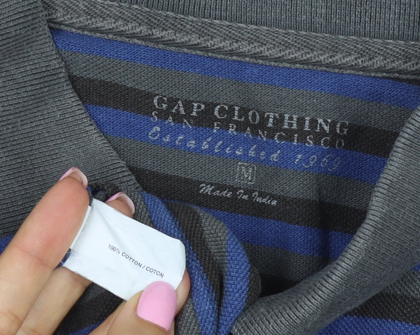 GAP Clothing Men's Blue Grey Striped Cotton Polo Shirt M Short Sleeve