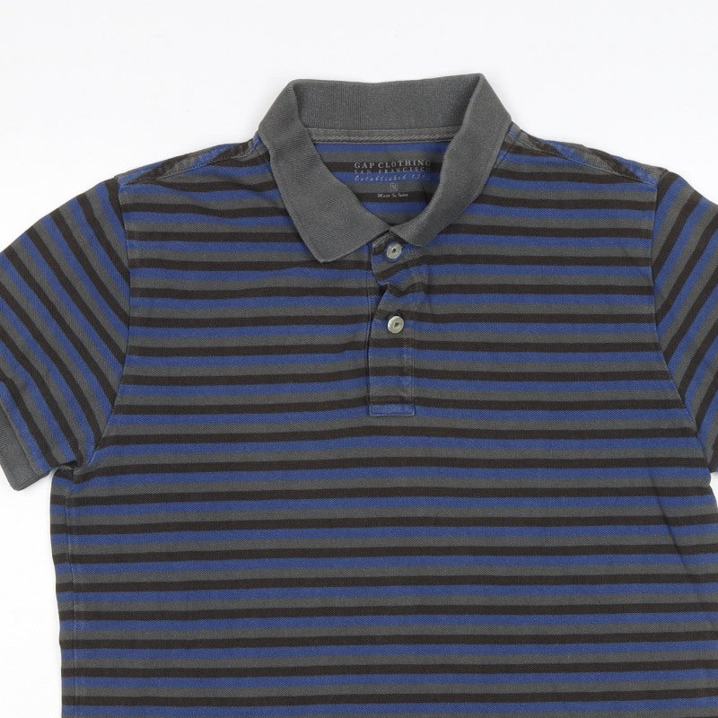 GAP Clothing Men's Blue Grey Striped Cotton Polo Shirt M Short Sleeve