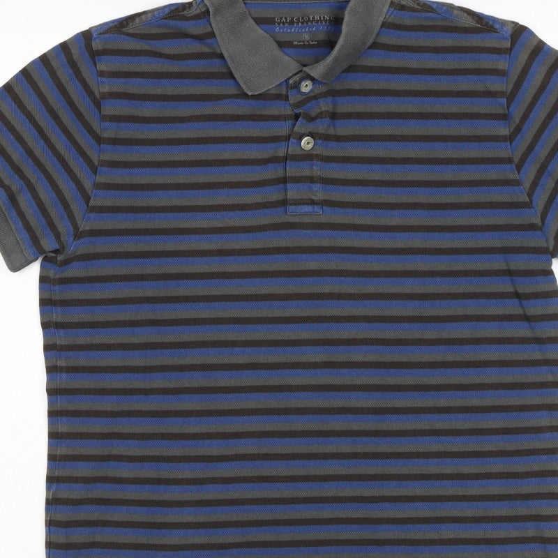 GAP Clothing Men's Blue Grey Striped Cotton Polo Shirt M Short Sleeve