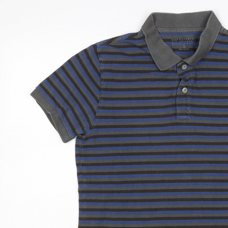 GAP Clothing Men's Blue Grey Striped Cotton Polo Shirt M Short Sleeve