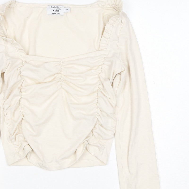 Pamela x NA-KD Women Ivory 2XS Cropped Ruched Square Neck Blouse