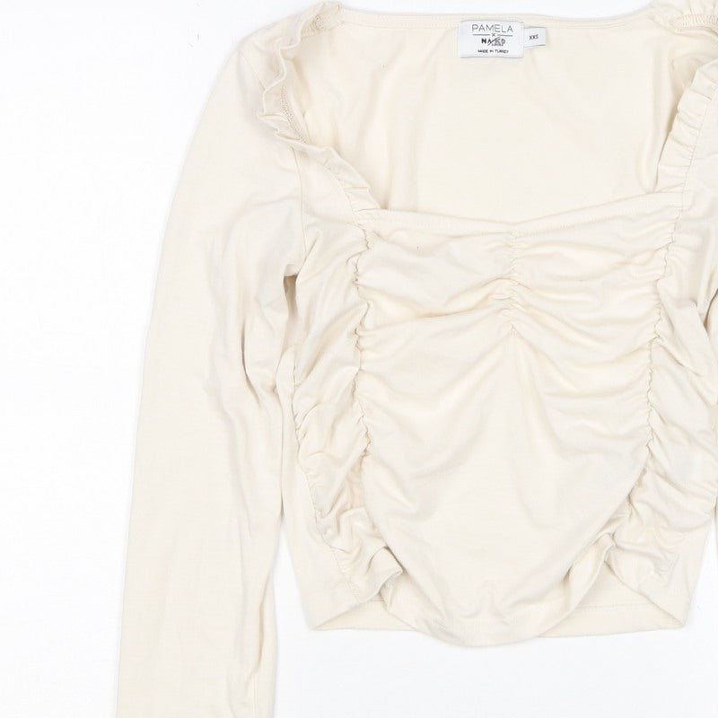 Pamela x NA-KD Women Ivory 2XS Cropped Ruched Square Neck Blouse
