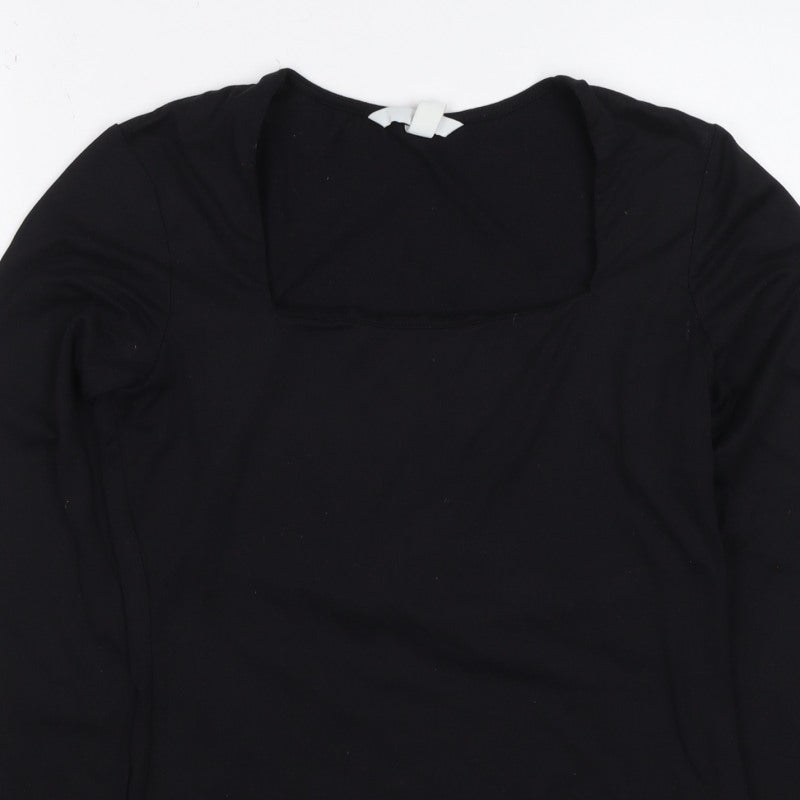 H&M Women's Black UK 10 Square Neck Long Sleeve Stretch Blouse