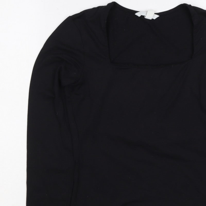 H&M Women's Black UK 10 Square Neck Long Sleeve Stretch Blouse