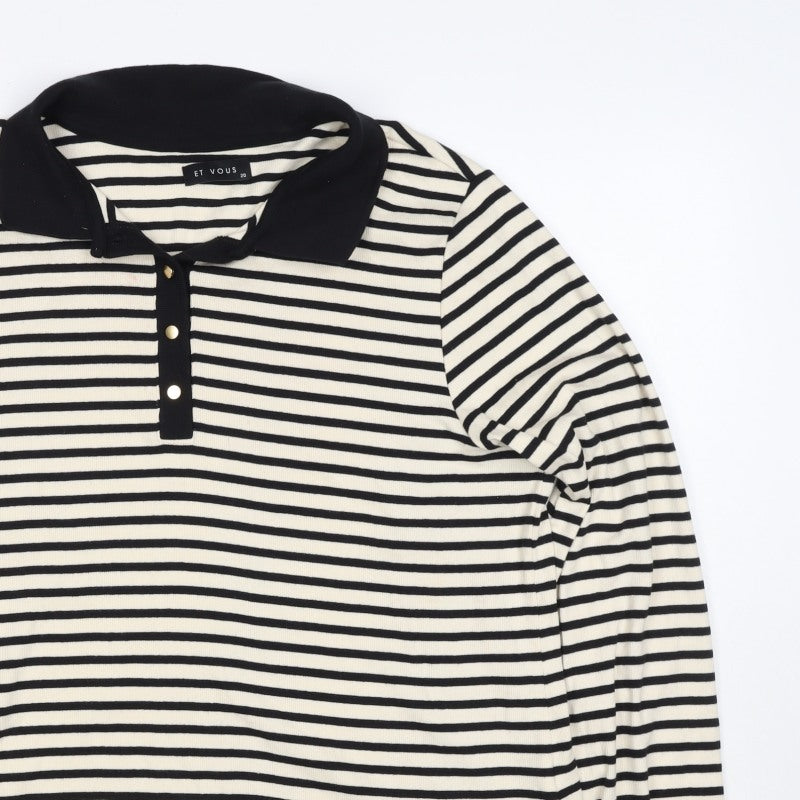 Et Vous Women's Black Ivory Stripe Collared Polo Top UK 20 Long Sleeve