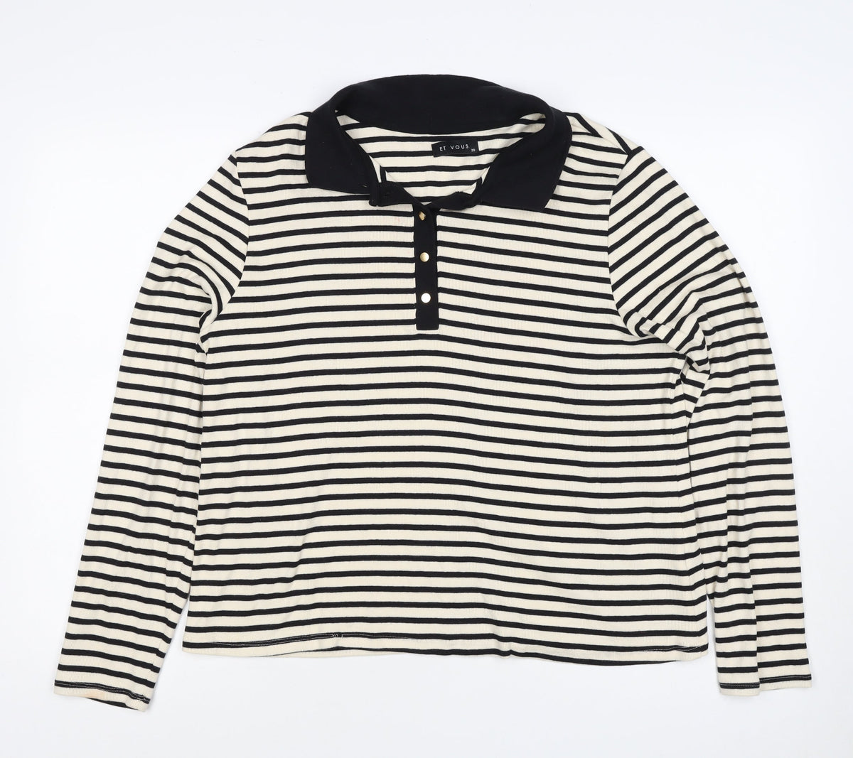 Et Vous Women's Black Ivory Stripe Collared Polo Top UK 20 Long Sleeve