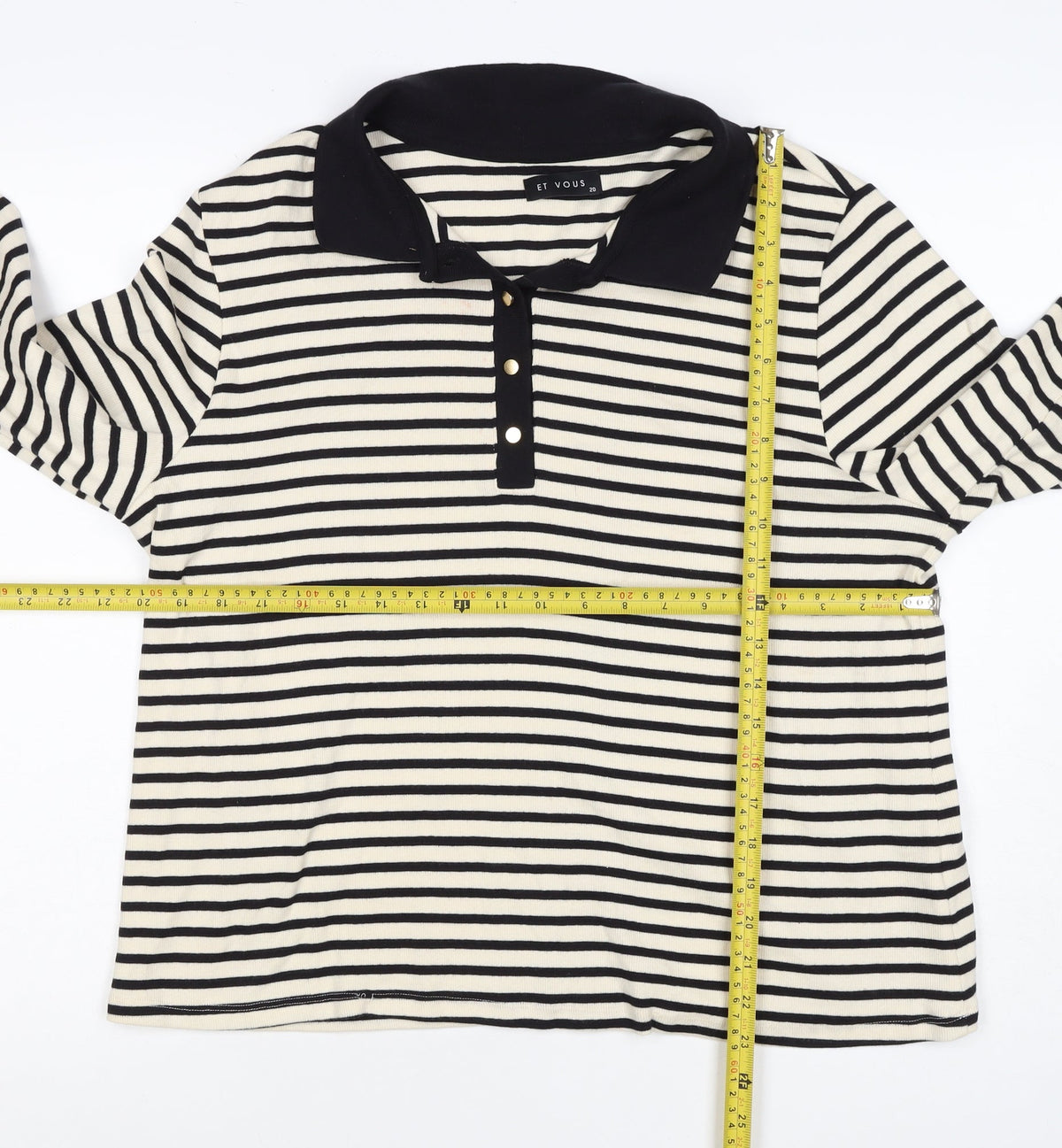Et Vous Women's Black Ivory Stripe Collared Polo Top UK 20 Long Sleeve