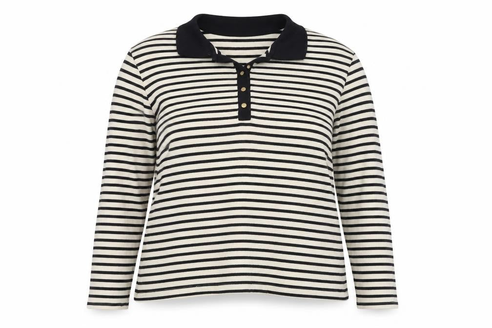 Et Vous Women's Black Ivory Stripe Collared Polo Top UK 20 Long Sleeve