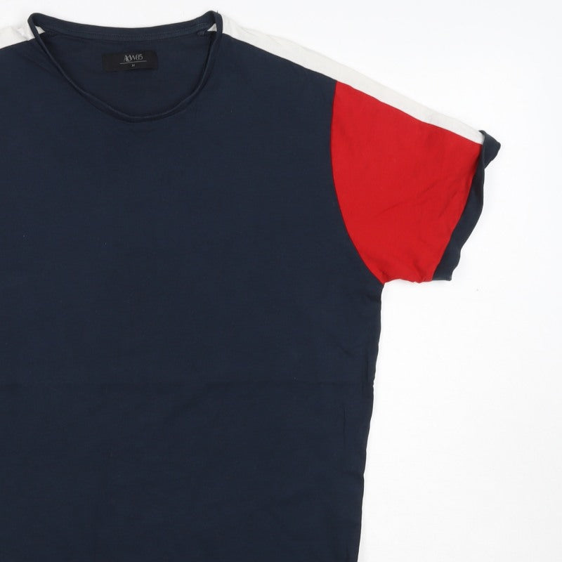 A&W85 Men’s M Navy Red White Colourblock Crew Neck Cotton T-Shirt