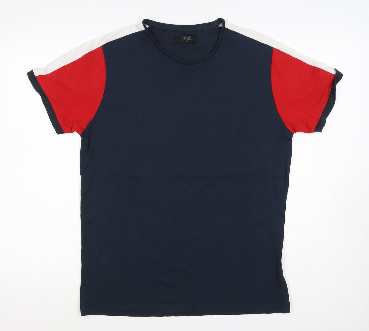A&W85 Men’s M Navy Red White Colourblock Crew Neck Cotton T-Shirt