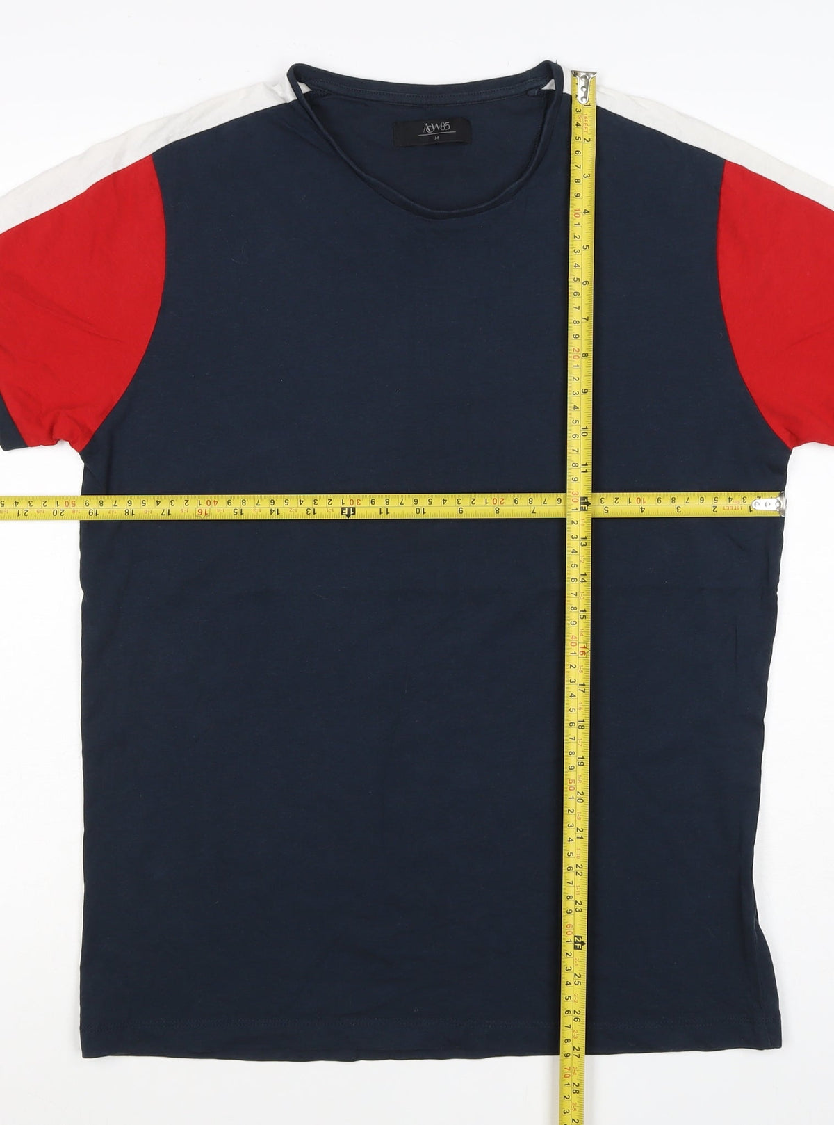 A&W85 Men’s M Navy Red White Colourblock Crew Neck Cotton T-Shirt