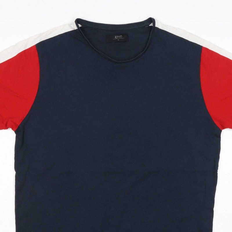 A&W85 Men’s M Navy Red White Colourblock Crew Neck Cotton T-Shirt