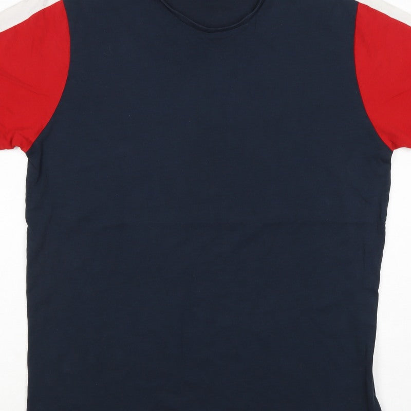 A&W85 Men’s M Navy Red White Colourblock Crew Neck Cotton T-Shirt