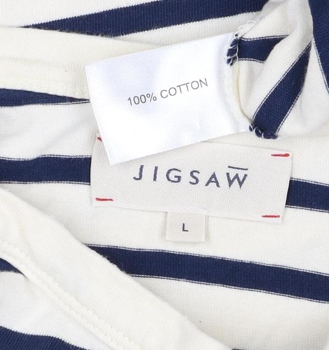Jigsaw Women’s Blue Ivory Stripe Cotton Boat Neck Long Sleeve Top L