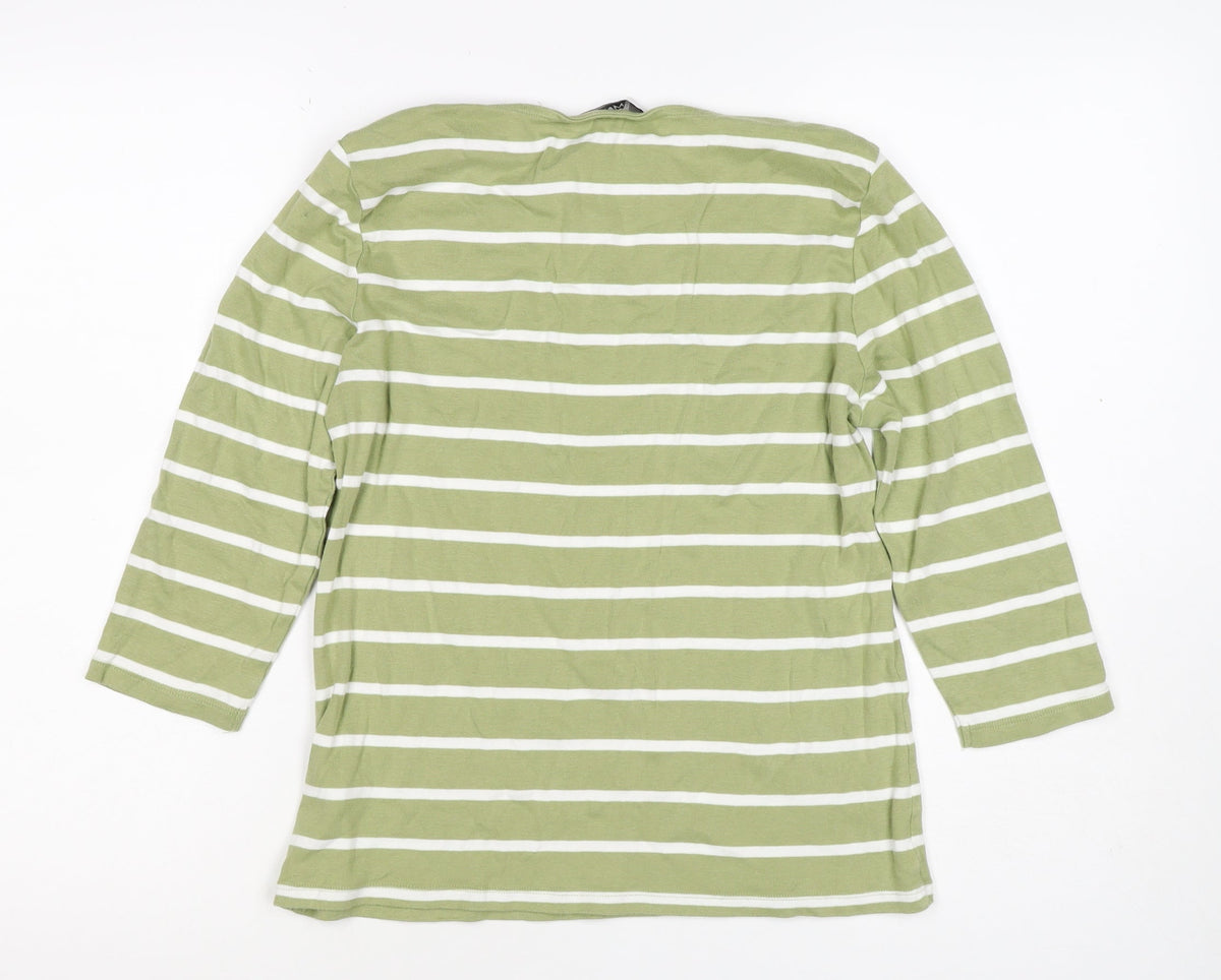 Marks and Spencer Women's Green Stripe UK 14 Boat Neck Cotton Top