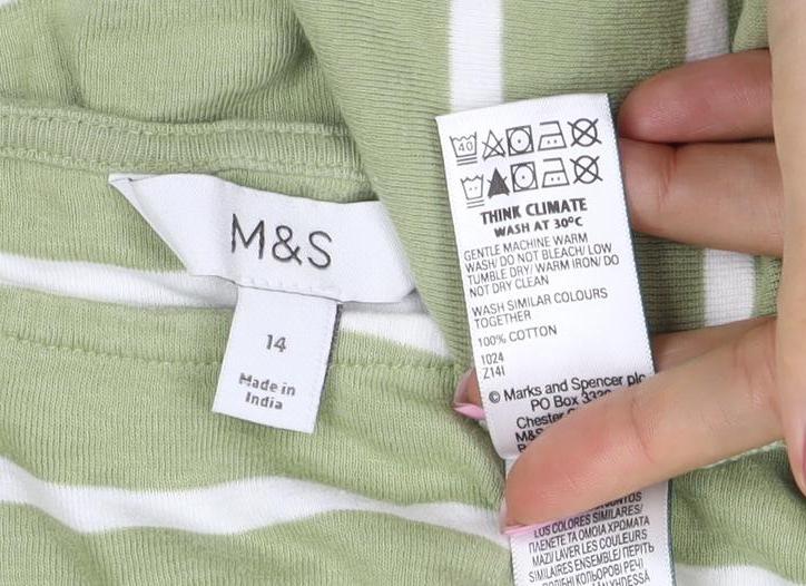 Marks and Spencer Women's Green Stripe UK 14 Boat Neck Cotton Top
