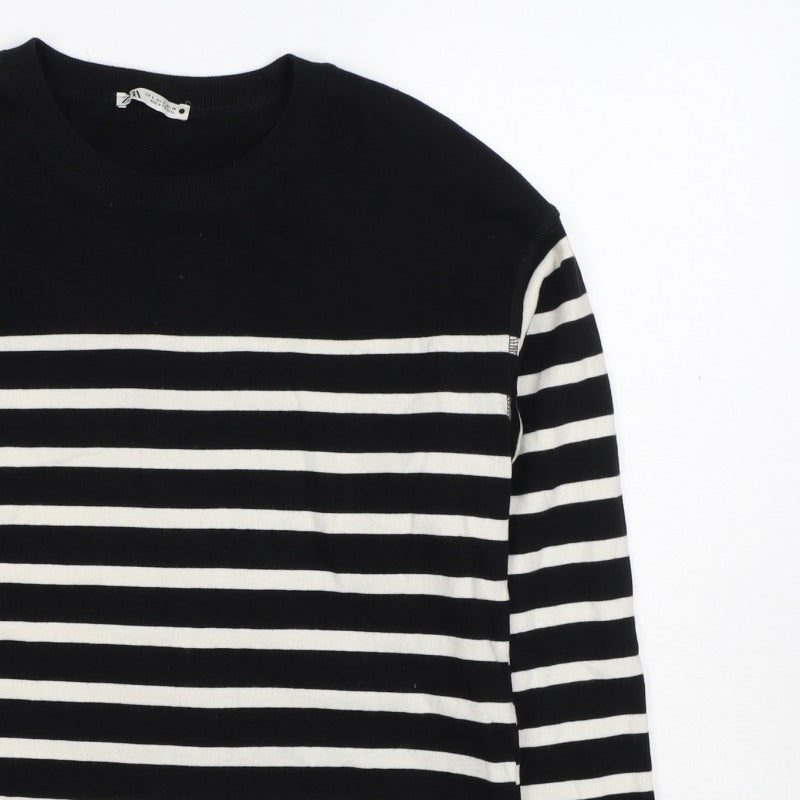 Zara Women Black White Striped Cotton Jersey Long Sleeve T-Shirt S