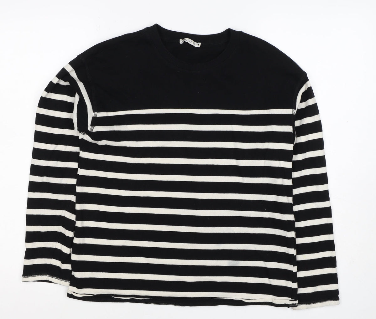 Zara Women Black White Striped Cotton Jersey Long Sleeve T-Shirt S