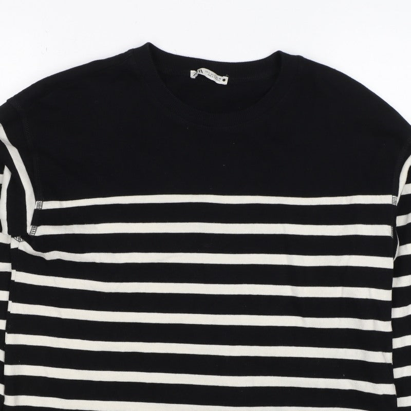 Zara Women Black White Striped Cotton Jersey Long Sleeve T-Shirt S