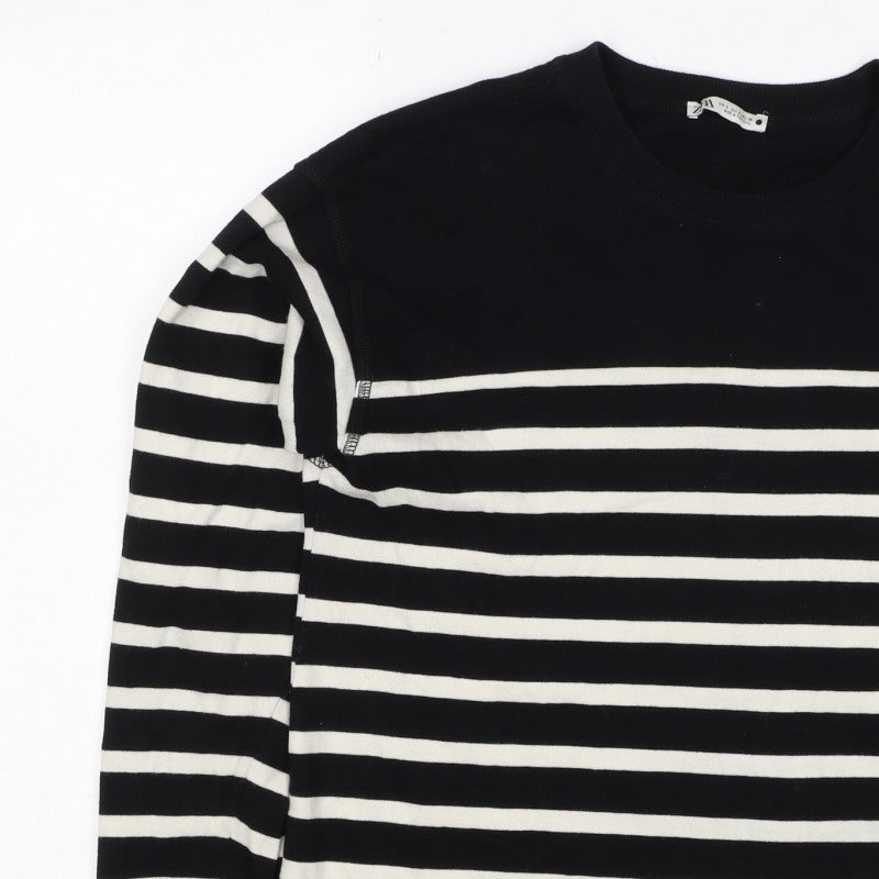 Zara Women Black White Striped Cotton Jersey Long Sleeve T-Shirt S