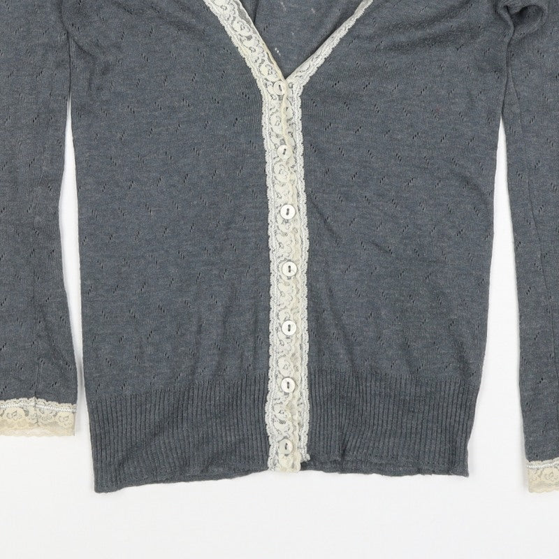 Palace London Women’s Grey S Lace Trim V-Neck Button Cardigan