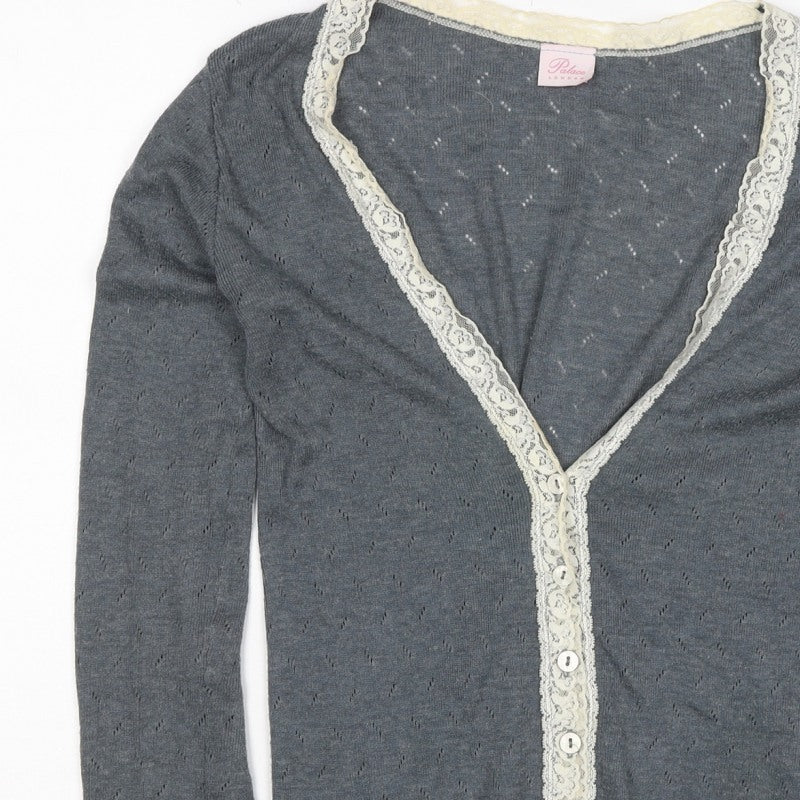 Palace London Women’s Grey S Lace Trim V-Neck Button Cardigan