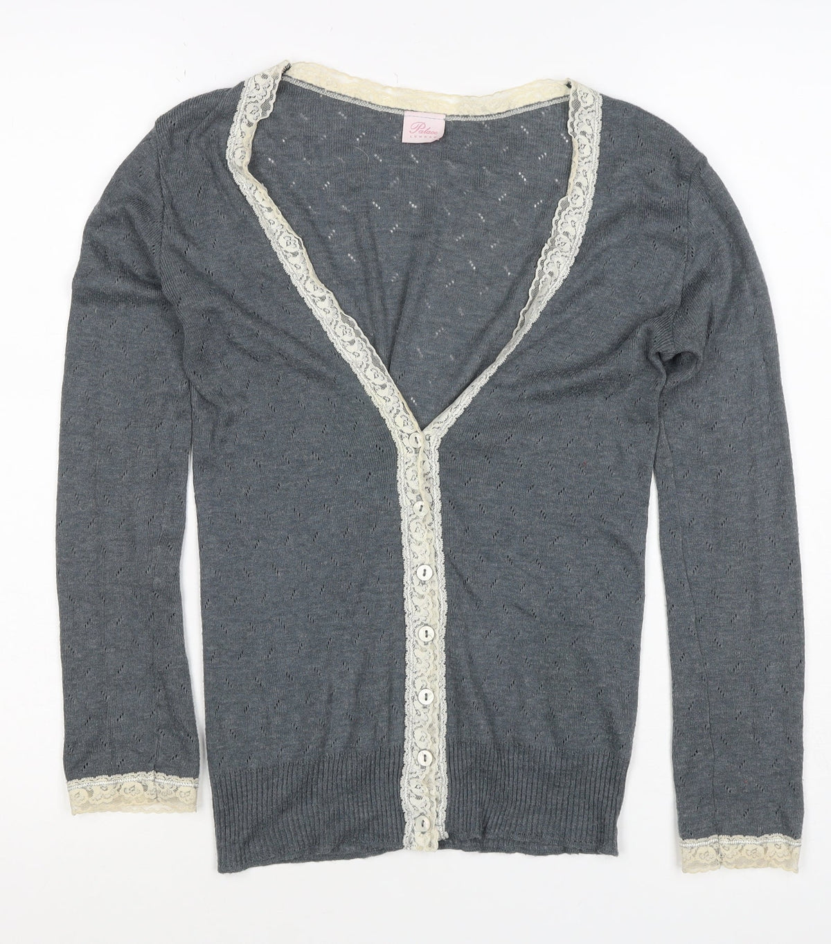 Palace London Women’s Grey S Lace Trim V-Neck Button Cardigan