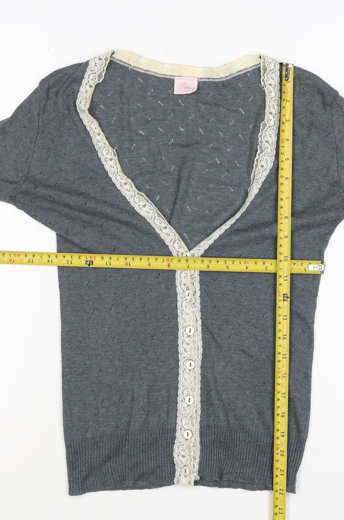 Palace London Women’s Grey S Lace Trim V-Neck Button Cardigan