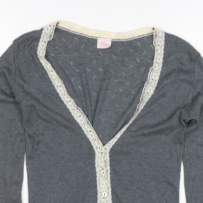 Palace London Women’s Grey S Lace Trim V-Neck Button Cardigan