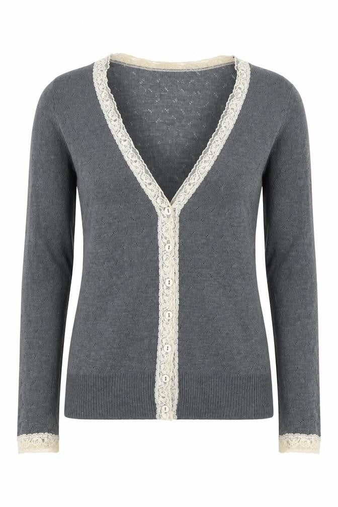 Palace London Women’s Grey S Lace Trim V-Neck Button Cardigan