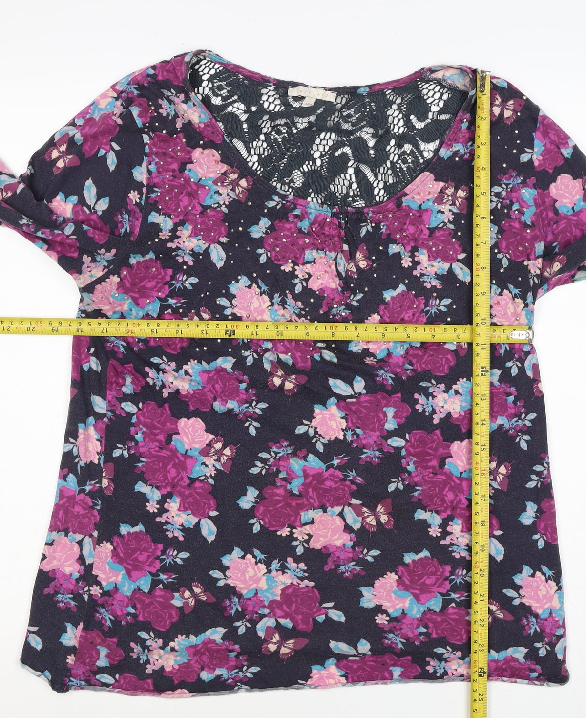 Lakeland Women’s Black Floral Lace Studded Long Sleeve Blouse M