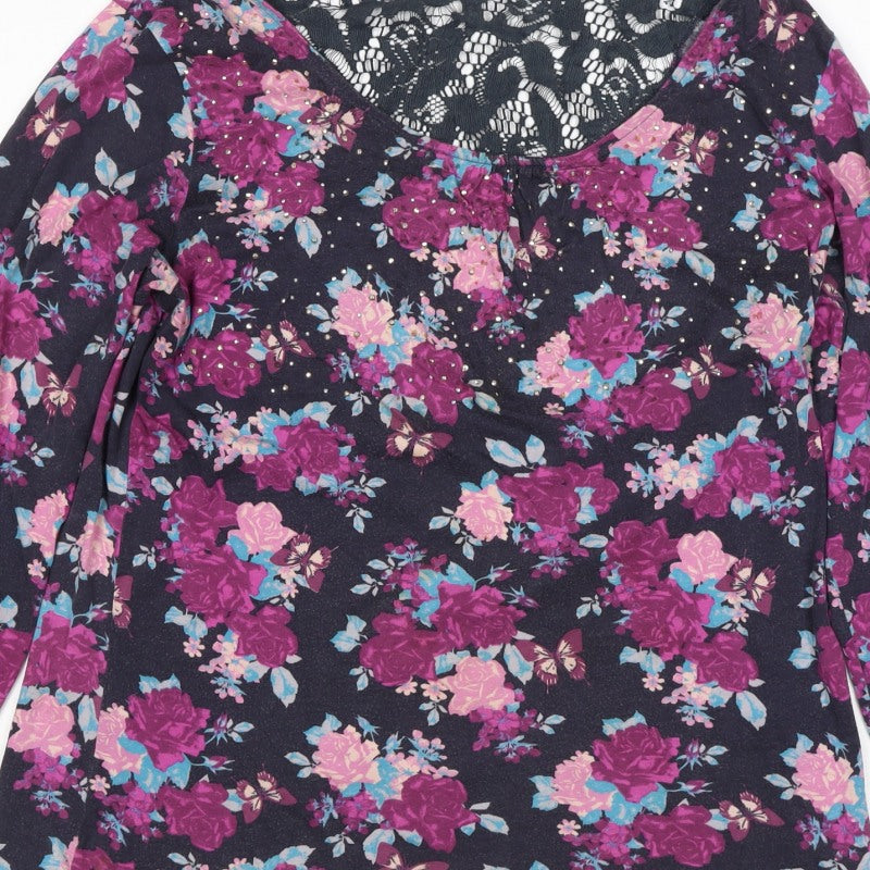 Lakeland Women’s Black Floral Lace Studded Long Sleeve Blouse M