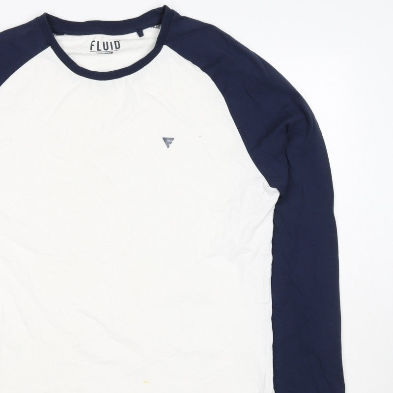 Fluid Mens XL White Navy Raglan Long Sleeve Colourblock T-Shirt