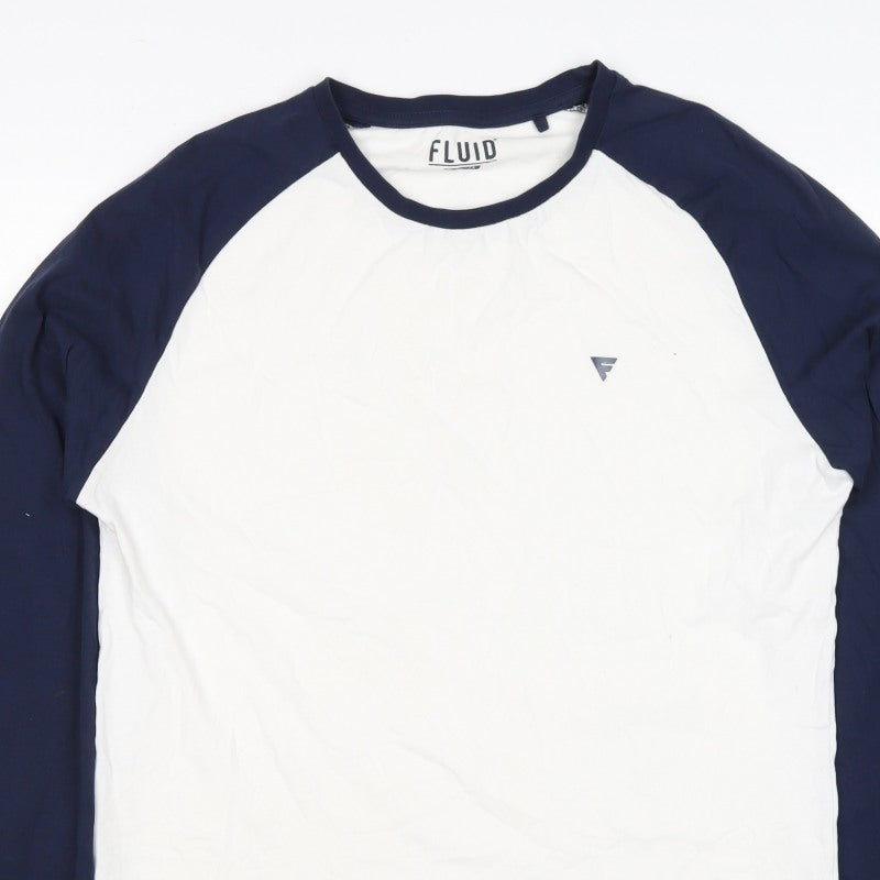 Fluid Mens XL White Navy Raglan Long Sleeve Colourblock T-Shirt