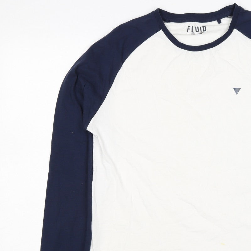 Fluid Mens XL White Navy Raglan Long Sleeve Colourblock T-Shirt