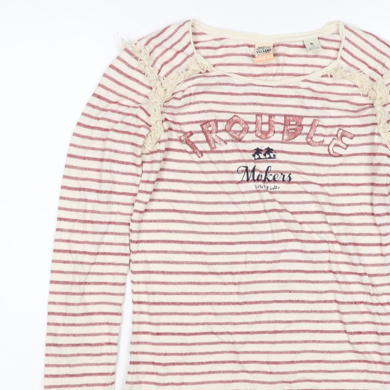 Story Tellers Women Ivory Stripe Basic Crochet Cotton T-Shirt UK 14