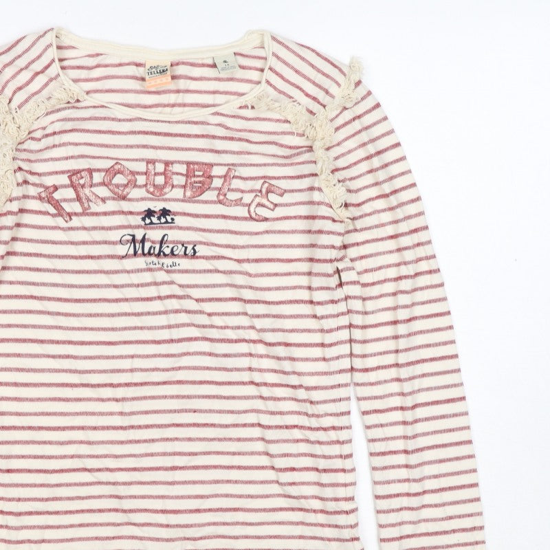 Story Tellers Women Ivory Stripe Basic Crochet Cotton T-Shirt UK 14