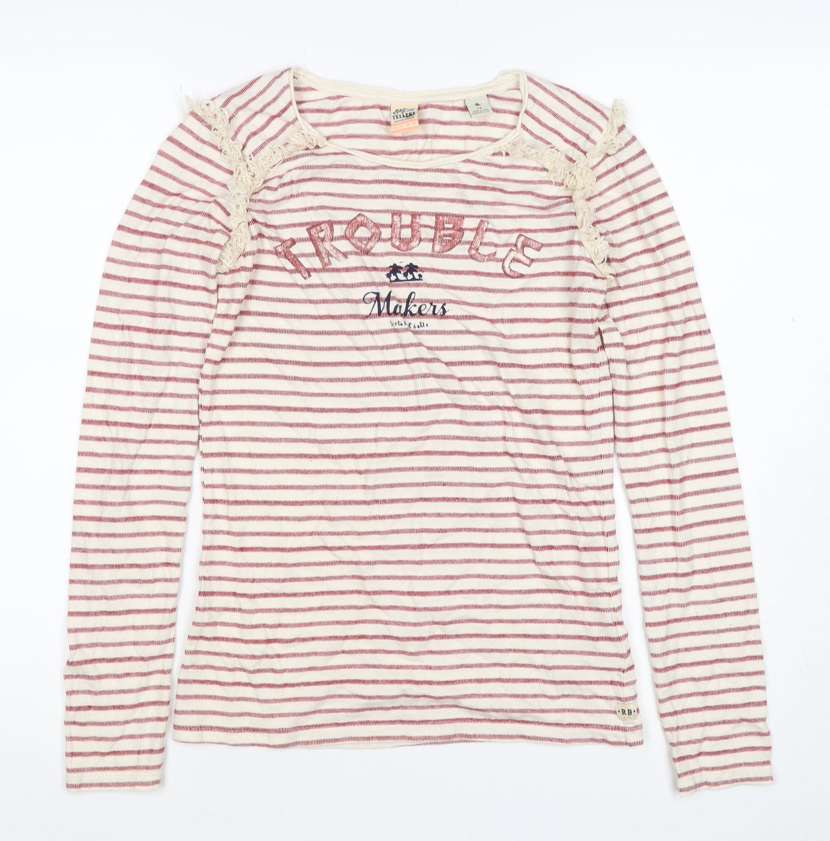 Story Tellers Women Ivory Stripe Basic Crochet Cotton T-Shirt UK 14