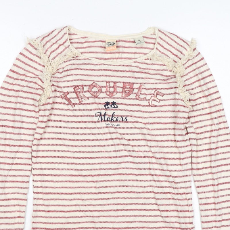 Story Tellers Women Ivory Stripe Basic Crochet Cotton T-Shirt UK 14