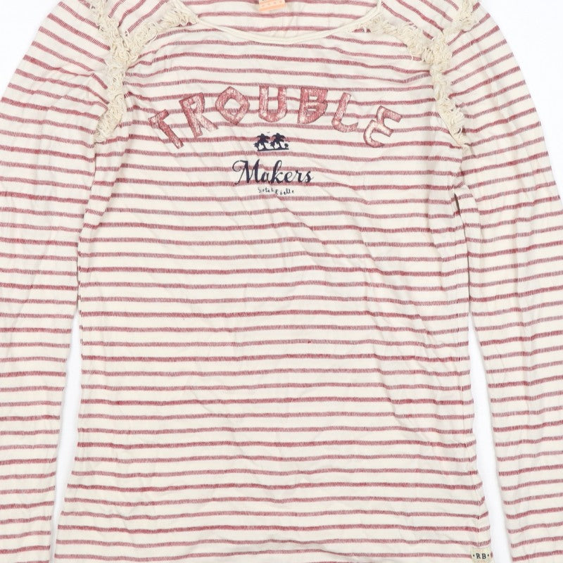 Story Tellers Women Ivory Stripe Basic Crochet Cotton T-Shirt UK 14