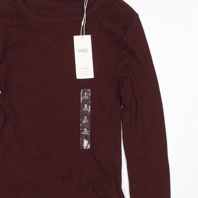 Marks and Spencer Women Brown Size 8 Slim Stretch Rib Long Sleeve T-Shirt
