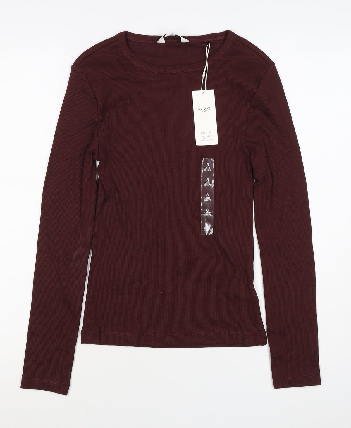 Marks and Spencer Women Brown Size 8 Slim Stretch Rib Long Sleeve T-Shirt